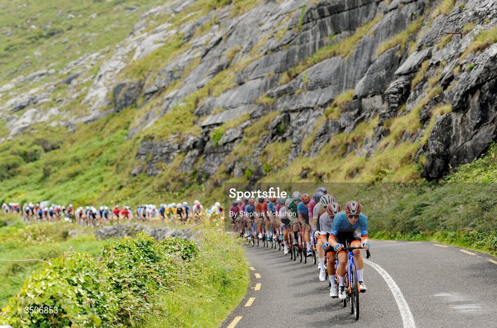 10 July 2026; A general view of the peloton during Stage 4 of 2026 Junior Tour of Ireland in the Burren. Photo by Stephen McMahon/Sportsfile