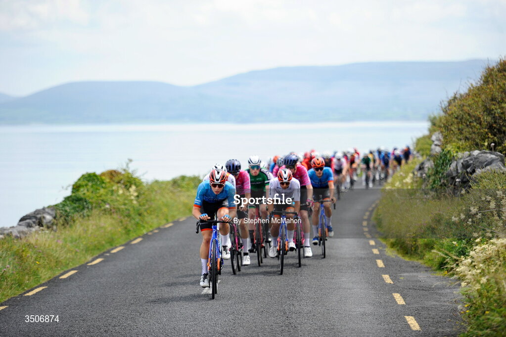 10 July 2026; A general view of the peloton during Stage 4 of 2026 Junior Tour of Ireland in the Burren. Photo by Stephen McMahon/Sportsfile