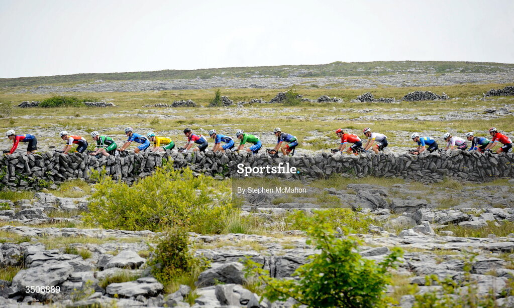 10 July 2026; A general view of the peloton during Stage 4 of 2026 Junior Tour of Ireland in the Burren. Photo by Stephen McMahon/Sportsfile