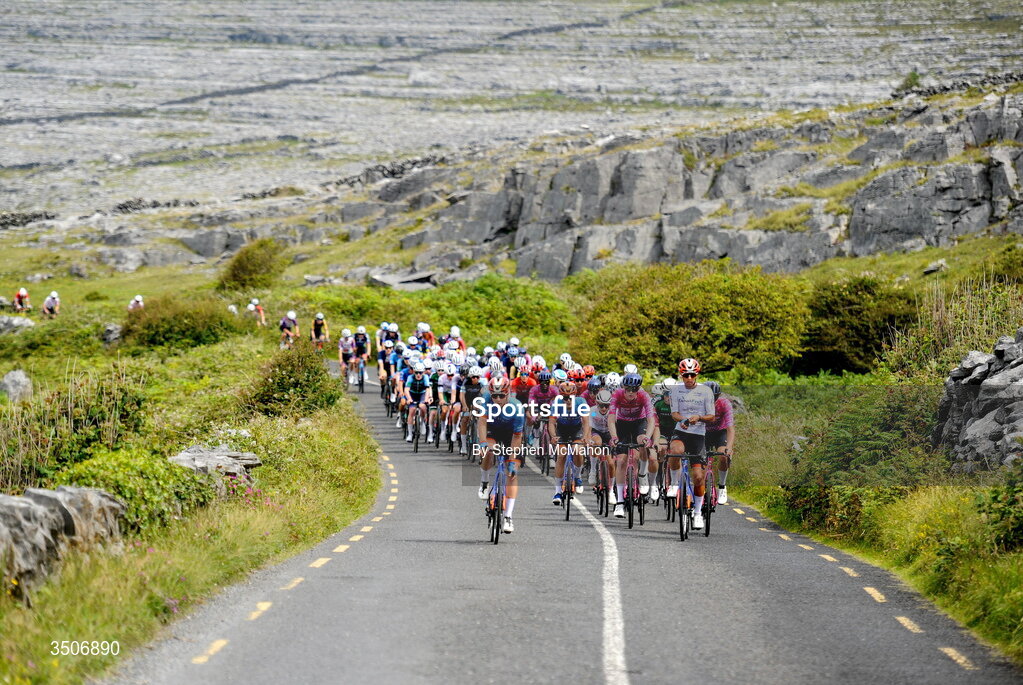 10 July 2026; A general view of the peloton during Stage 4 of 2026 Junior Tour of Ireland in the Burren. Photo by Stephen McMahon/Sportsfile