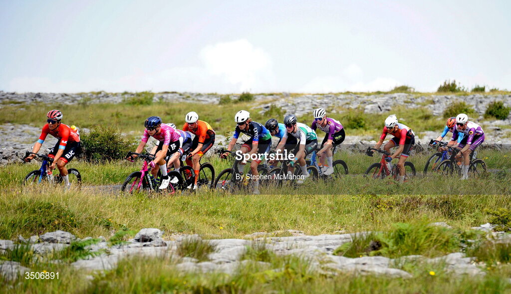 10 July 2026; A general view of the peloton during Stage 4 of 2026 Junior Tour of Ireland in the Burren. Photo by Stephen McMahon/Sportsfile