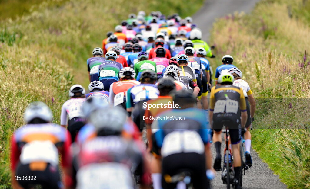 10 July 2026; A general view of the peloton during Stage 4 of 2026 Junior Tour of Ireland in the Burren. Photo by Stephen McMahon/Sportsfile