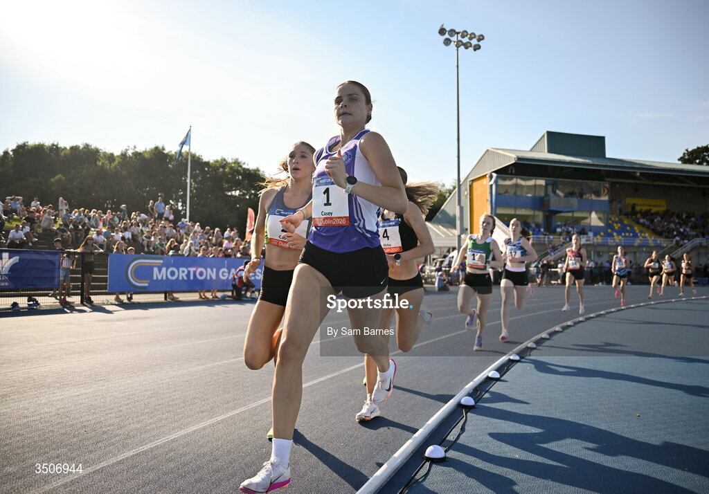 10 July 2026; Clara Casey of Foyle Valley AC during the Jerry Kiernan Foundation U20 women's mile during the Morton Games at Morton Stadium in Santry, Dublin. Photo by Sam Barnes/Sportsfile