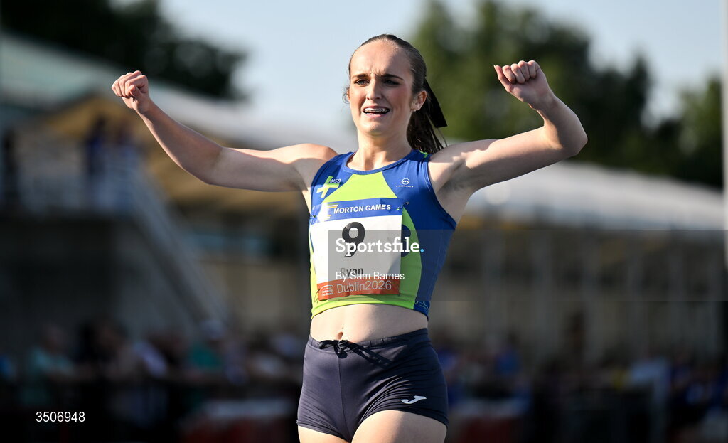 10 July 2026; Leia Ryan of Metro/St Brigid's AC celebrates after competing in the Jerry Kiernan Foundation U20 women's mile during the Morton Games at Morton Stadium in Santry, Dublin. Photo by Sam Barnes/Sportsfile