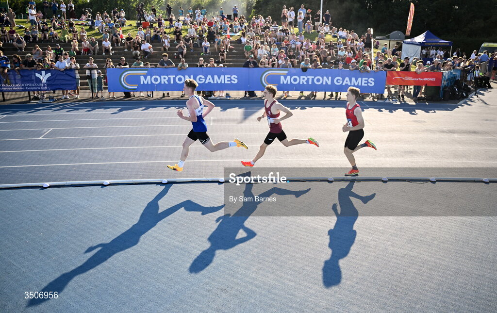 10 July 2026; Athletes compete in the Jerry Kiernan Foundation U20 men's mile during the Morton Games at Morton Stadium in Santry, Dublin. Photo by Sam Barnes/Sportsfile