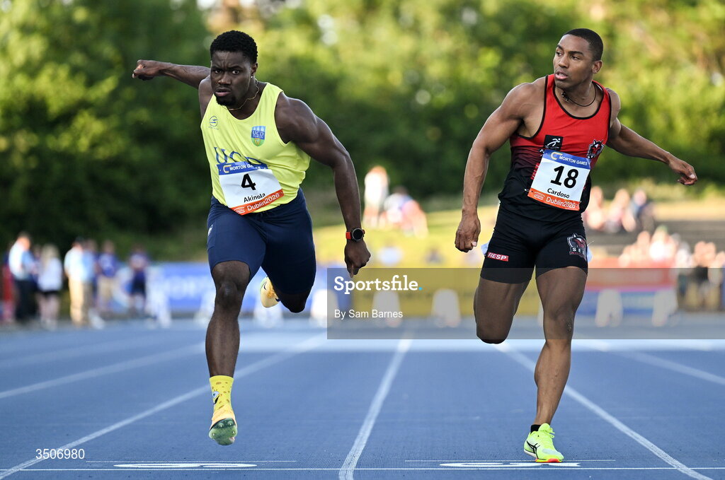 10 July 2026; Bori Akinola of Ireland, left, crosses the finish line to win the Athletics Leinster men's 100m heats ahead of Erik Cardoso of Brazil during the Morton Games at Morton Stadium in Santry, Dublin. Photo by Sam Barnes/Sportsfile