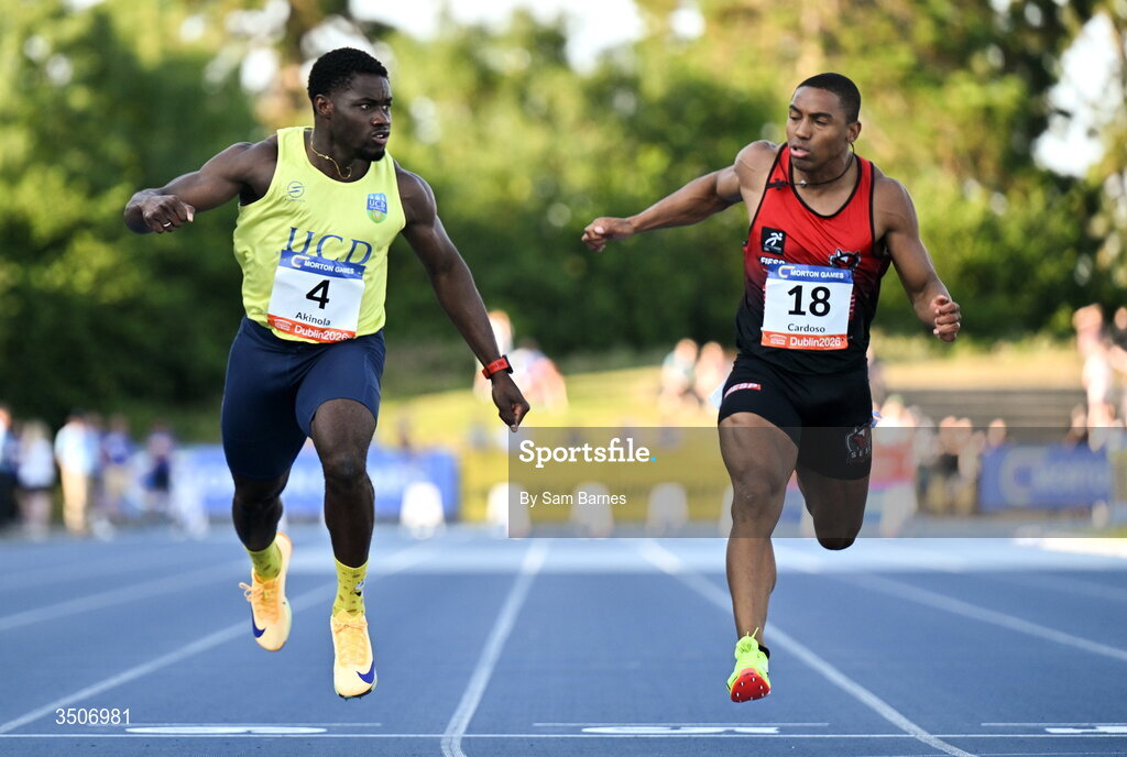 10 July 2026; Bori Akinola of Ireland, left, crosses the finish line to win the Athletics Leinster men's 100m heats ahead of Erik Cardoso of Brazil during the Morton Games at Morton Stadium in Santry, Dublin. Photo by Sam Barnes/Sportsfile