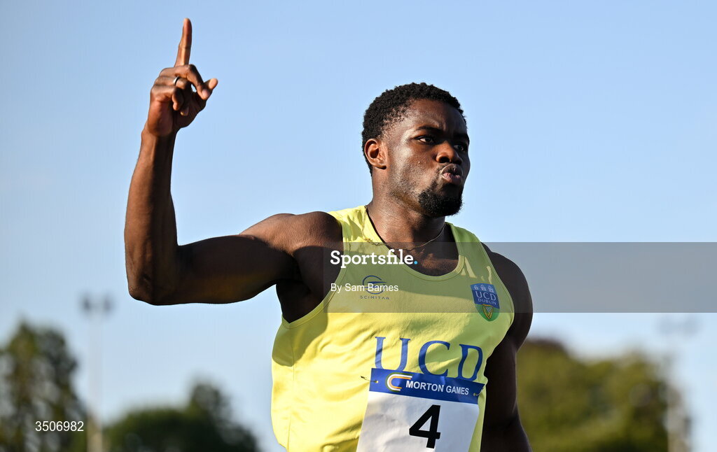 10 July 2026; Bori Akinola of Ireland celebrates after winning the Athletics Leinster men's 100m heats during the Morton Games at Morton Stadium in Santry, Dublin. Photo by Sam Barnes/Sportsfile