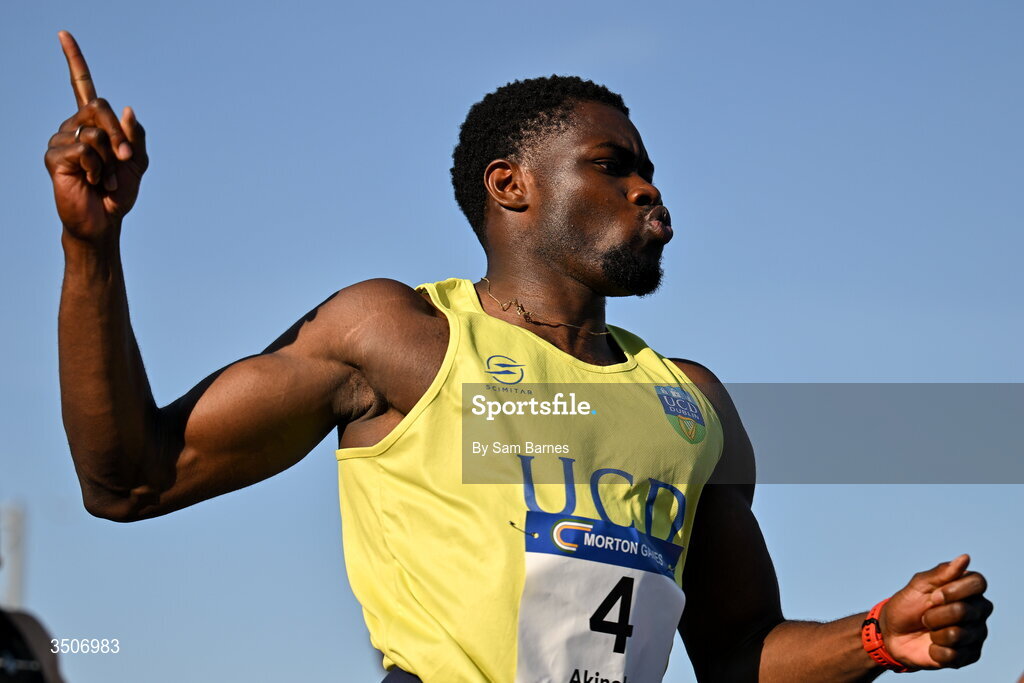 10 July 2026; Bori Akinola of Ireland celebrates after winning the Athletics Leinster men's 100m heats during the Morton Games at Morton Stadium in Santry, Dublin. Photo by Sam Barnes/Sportsfile