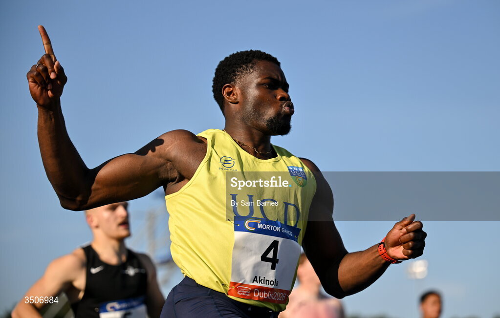 10 July 2026; Bori Akinola of Ireland celebrates after winning the Athletics Leinster men's 100m heats during the Morton Games at Morton Stadium in Santry, Dublin. Photo by Sam Barnes/Sportsfile