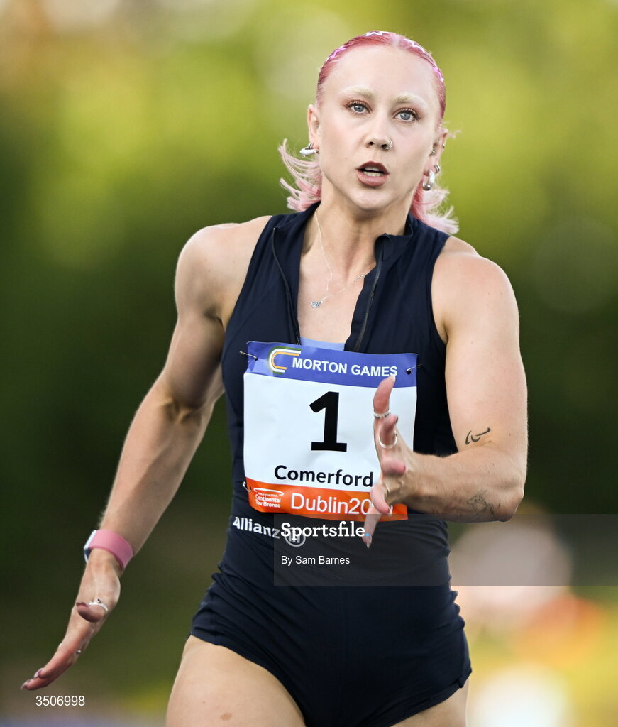 10 July 2026; Orla Comerford of Ireland crosses the finish line to win in the Allianz women's mixed class para 100m and to break a new European record with a time of 11.72 during the Morton Games at Morton Stadium in Santry, Dublin. Photo by Sam Barnes/Sportsfile