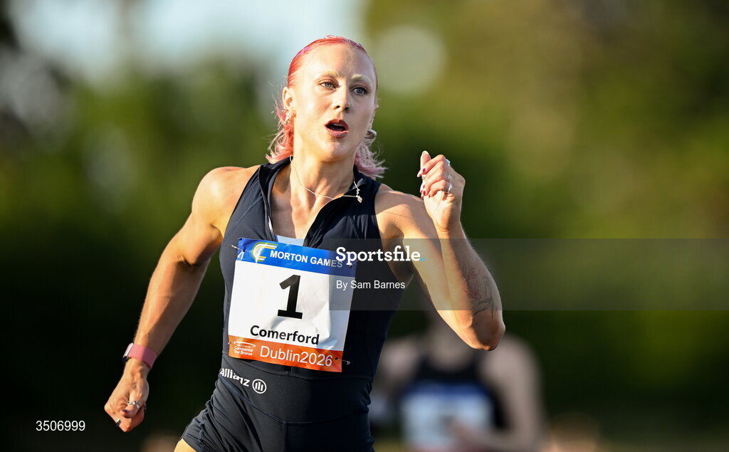 10 July 2026; Orla Comerford of Ireland crosses the finish line to win in the Allianz women's mixed class para 100m and to break a new European record with a time of 11.72 during the Morton Games at Morton Stadium in Santry, Dublin. Photo by Sam Barnes/Sportsfile