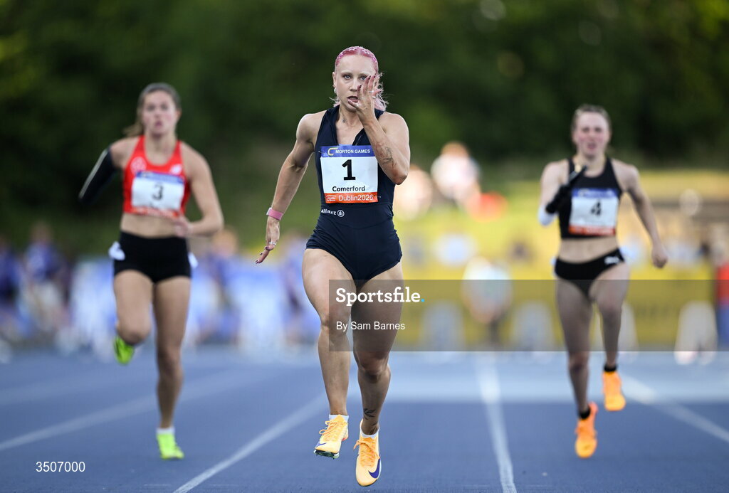 10 July 2026; Orla Comerford of Ireland on her way to winning the Allianz women's mixed class para 100m and to break a new European record with a time of 11.72 during the Morton Games at Morton Stadium in Santry, Dublin. Photo by Sam Barnes/Sportsfile