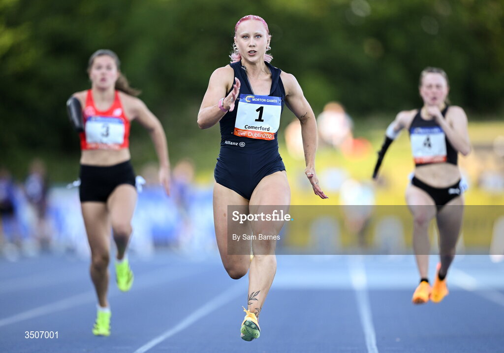 10 July 2026; Orla Comerford of Ireland on her way to winning the Allianz women's mixed class para 100m and to break a new European record with a time of 11.72 during the Morton Games at Morton Stadium in Santry, Dublin. Photo by Sam Barnes/Sportsfile
