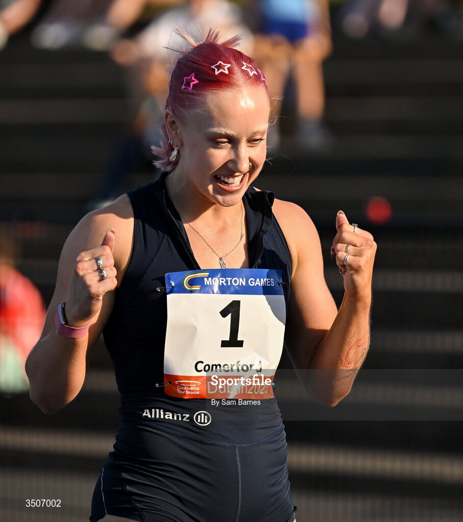 10 July 2026; Orla Comerford of Ireland celebrates after winning the Allianz women's mixed class para 100m and to break a new European record with a time of 11.72 during the Morton Games at Morton Stadium in Santry, Dublin. Photo by Sam Barnes/Sportsfile