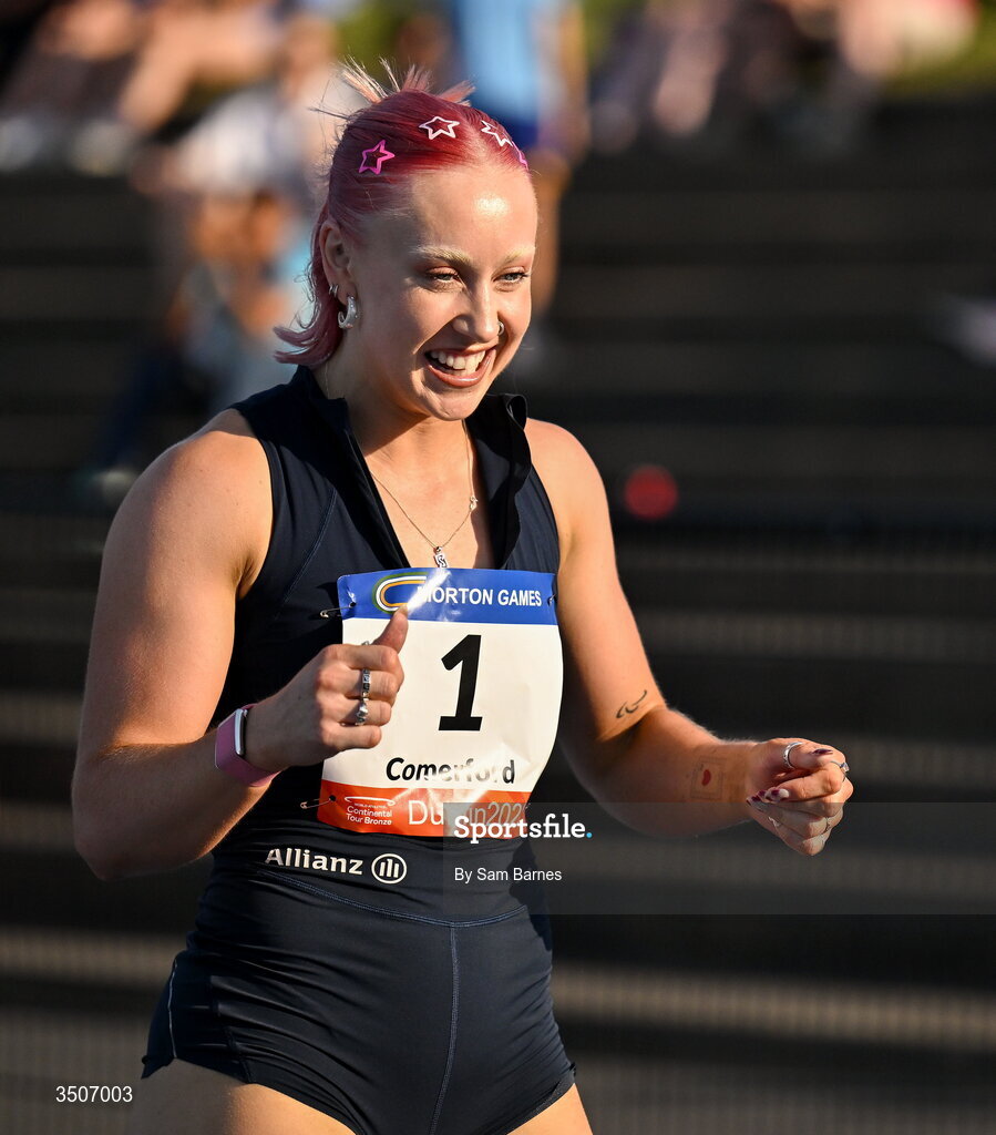 10 July 2026; Orla Comerford of Ireland celebrates after winning the Allianz women's mixed class para 100m and to break a new European record with a time of 11.72 during the Morton Games at Morton Stadium in Santry, Dublin. Photo by Sam Barnes/Sportsfile