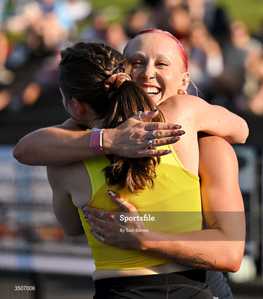 10 July 2026; Orla Comerford of Ireland, left, is congratulated by Lana Sutton of Ireland after winning the Allianz women's mixed class para 100m and to break a new European record with a time of 11.72 during the Morton Games at Morton Stadium in Santry, Dublin. Photo by Sam Barnes/Sportsfile