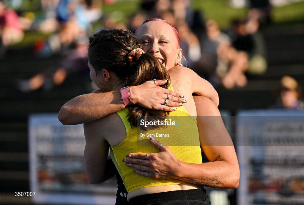 10 July 2026; Orla Comerford of Ireland, left, is congratulated by Lana Sutton of Ireland after winning the Allianz women's mixed class para 100m and to break a new European record with a time of 11.72 during the Morton Games at Morton Stadium in Santry, Dublin. Photo by Sam Barnes/Sportsfile