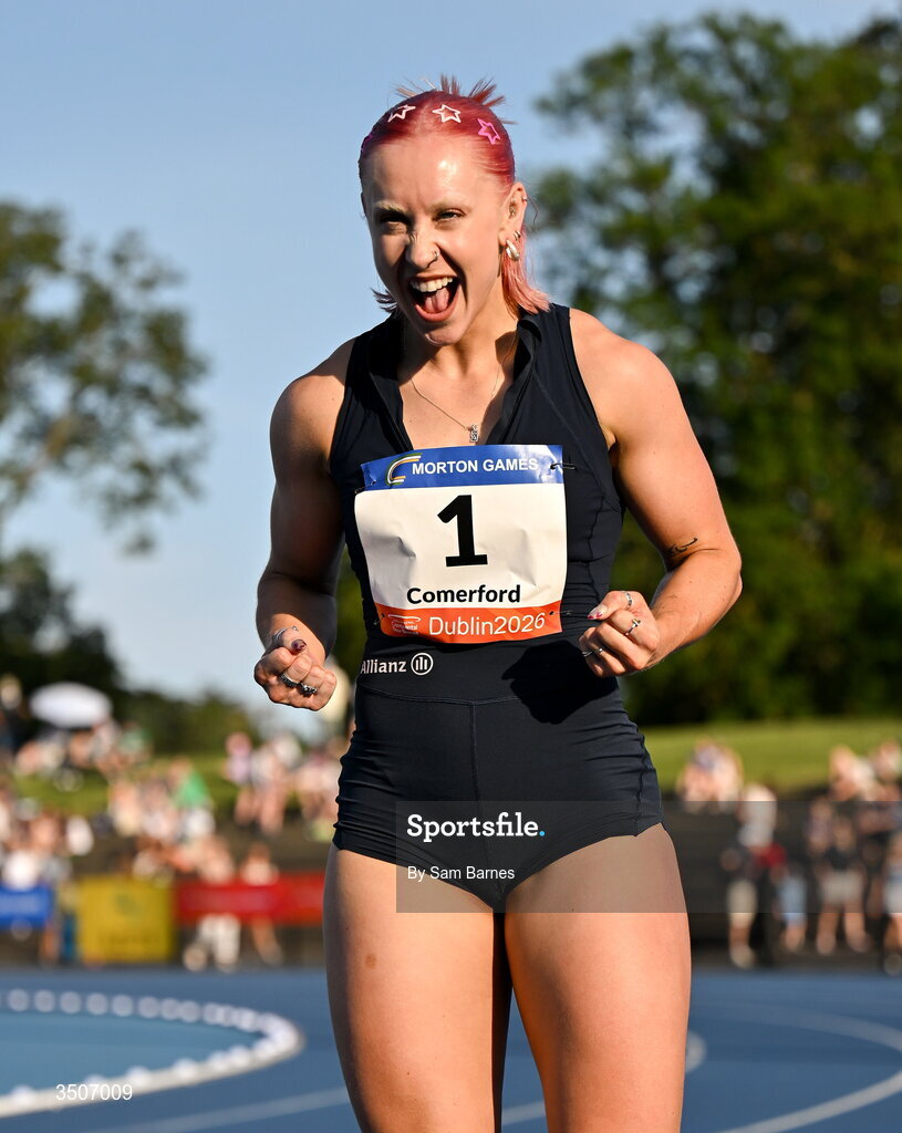 10 July 2026; Orla Comerford of Ireland celebrates after winning the Allianz women's mixed class para 100m and to break a new European record with a time of 11.72 during the Morton Games at Morton Stadium in Santry, Dublin. Photo by Sam Barnes/Sportsfile