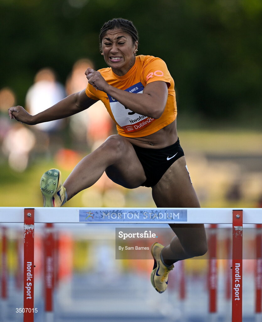 10 July 2026; Emma Nwofor of Great Britain competes in the Davy women's 100m hurdles during the Morton Games at Morton Stadium in Santry, Dublin. Photo by Sam Barnes/Sportsfile