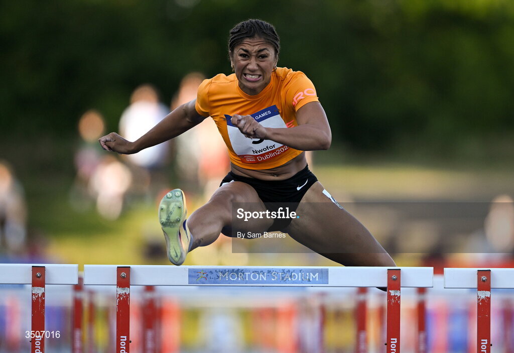 10 July 2026; Emma Nwofor of Great Britain competes in the Davy women's 100m hurdles during the Morton Games at Morton Stadium in Santry, Dublin. Photo by Sam Barnes/Sportsfile