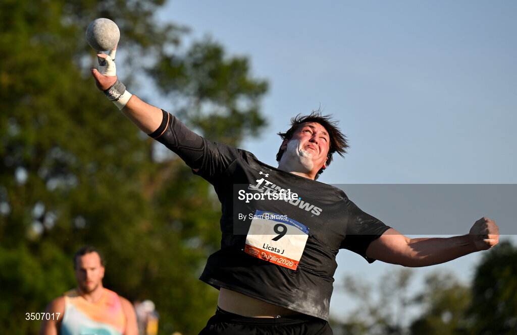 10 July 2026; Joe Licata of United States competes in the Whiteford Geo Services men's shot put during the Morton Games at Morton Stadium in Santry, Dublin. Photo by Sam Barnes/Sportsfile