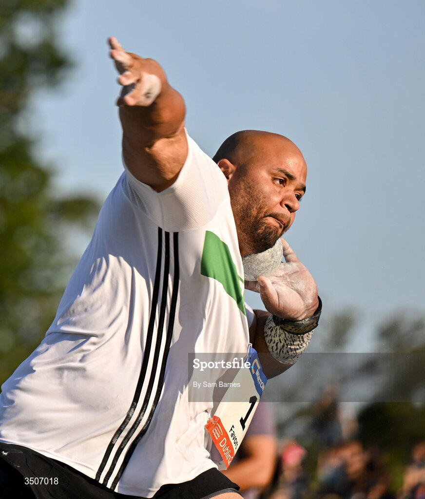 10 July 2026; Eric Favors of Ireland competes in the Whiteford Geo Services men's shot put during the Morton Games at Morton Stadium in Santry, Dublin. Photo by Sam Barnes/Sportsfile