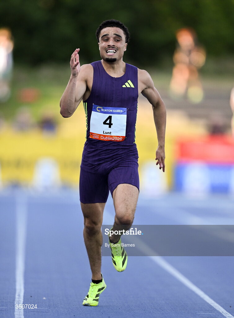 10 July 2026; Sam Lunt of Great Britain on his way to winning the Loki Sports men's 400m during the Morton Games at Morton Stadium in Santry, Dublin. Photo by Sam Barnes/Sportsfile
