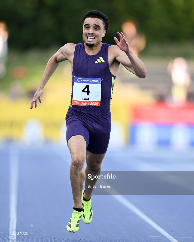 10 July 2026; Sam Lunt of Great Britain on his way to winning the Loki Sports men's 400m during the Morton Games at Morton Stadium in Santry, Dublin. Photo by Sam Barnes/Sportsfile