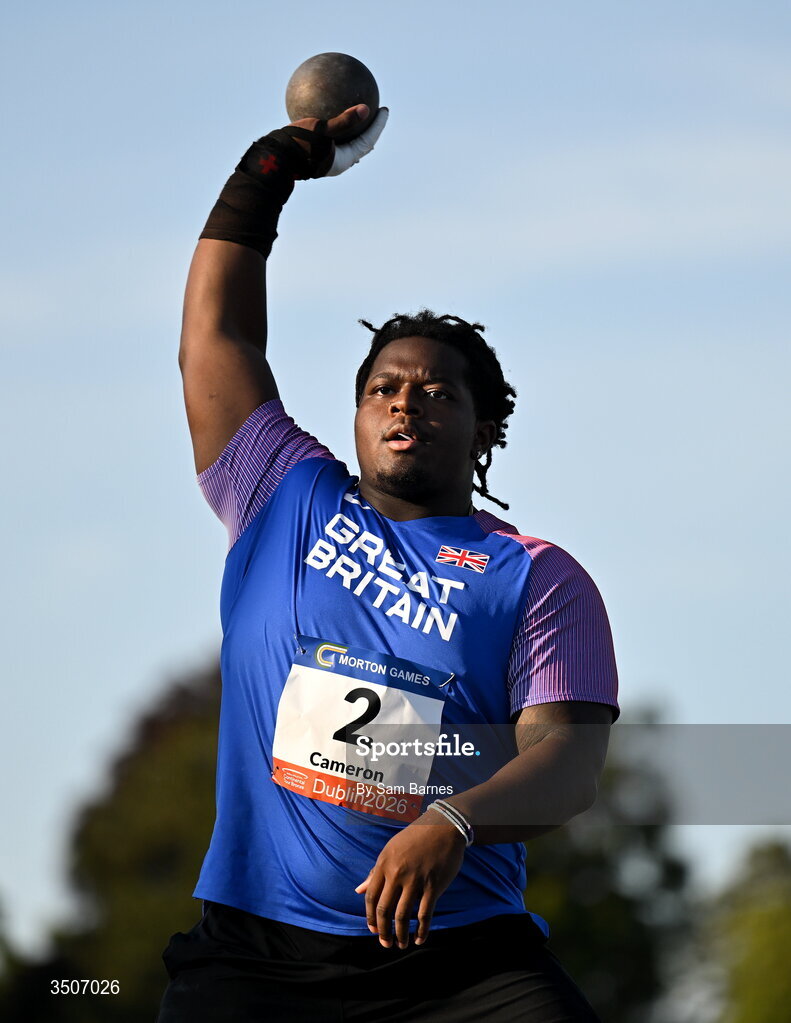 10 July 2026; Piers Cameron of Great Britain competes in the Whiteford Geo Services men's shot put during the Morton Games at Morton Stadium in Santry, Dublin. Photo by Sam Barnes/Sportsfile