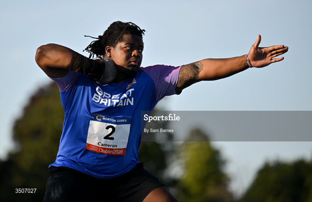 10 July 2026; Piers Cameron of Great Britain competes in the Whiteford Geo Services men's shot put during the Morton Games at Morton Stadium in Santry, Dublin. Photo by Sam Barnes/Sportsfile