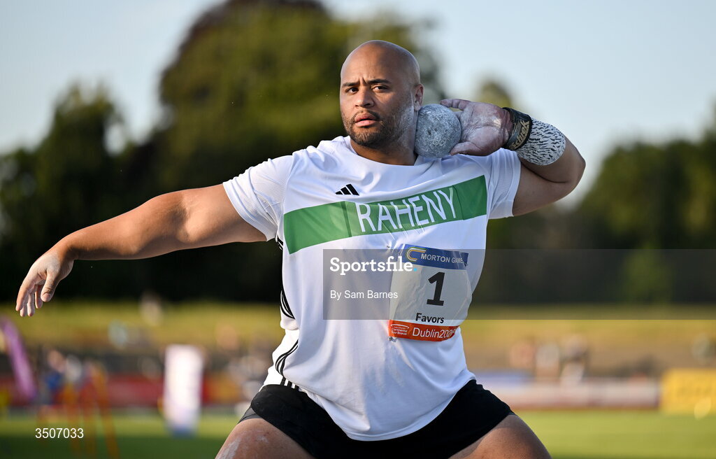 10 July 2026; Eric Favors of Ireland competes in the Whiteford Geo Services men's shot put during the Morton Games at Morton Stadium in Santry, Dublin. Photo by Sam Barnes/Sportsfile