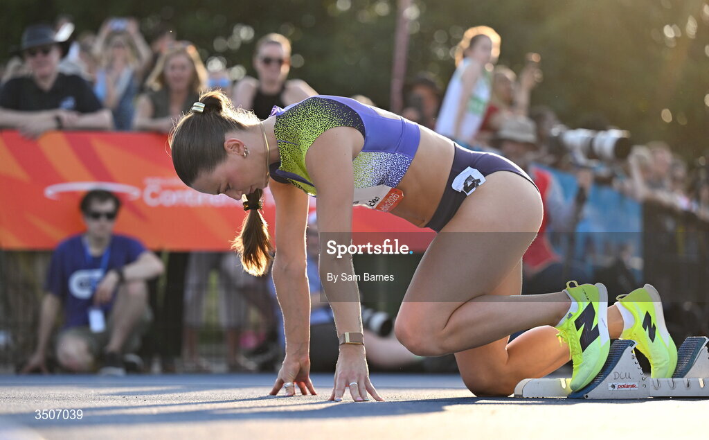 10 July 2026; Sophie Becker of Ireland before competing in the Bon Secours Hospital Dublin women's 400m during the Morton Games at Morton Stadium in Santry, Dublin. Photo by Sam Barnes/Sportsfile
