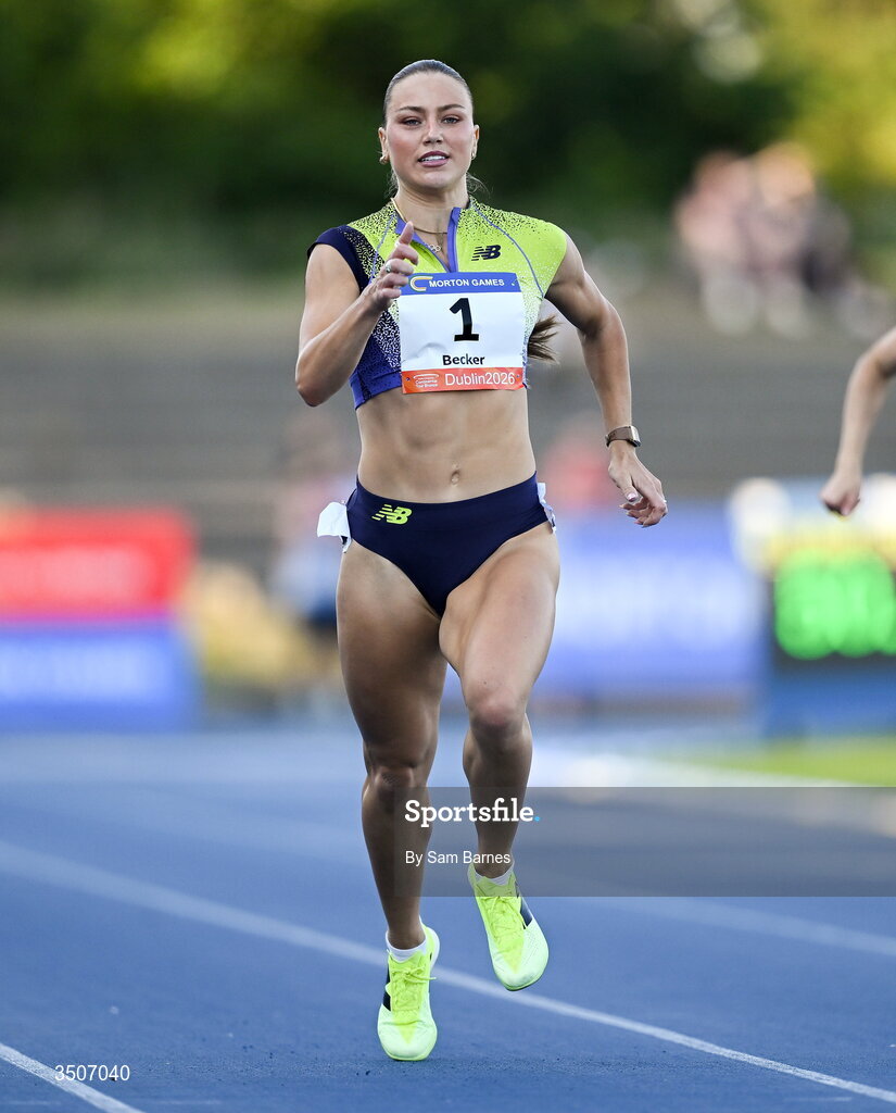 10 July 2026; Sophie Becker of Ireland competes in the Bon Secours Hospital Dublin women's 400m during the Morton Games at Morton Stadium in Santry, Dublin. Photo by Sam Barnes/Sportsfile