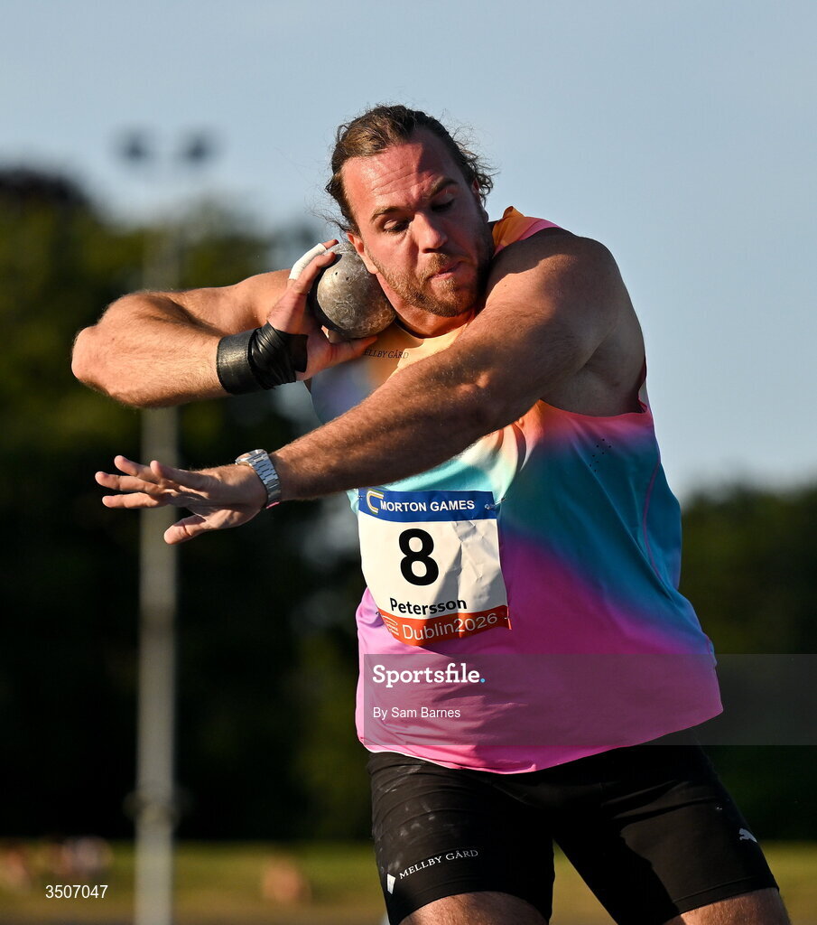 10 July 2026; Wictor Petersson of Sweden competes in the Whiteford Geo Services men's shot put during the Morton Games at Morton Stadium in Santry, Dublin. Photo by Sam Barnes/Sportsfile