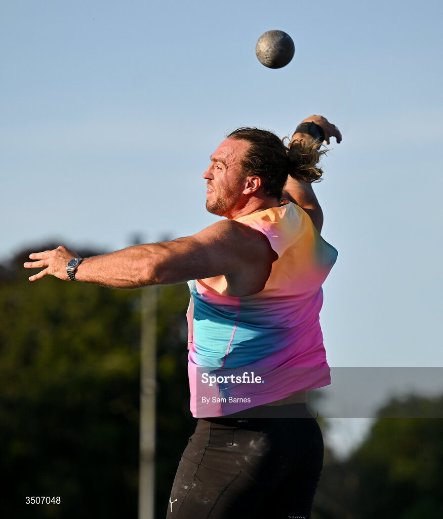 10 July 2026; Wictor Petersson of Sweden competes in the Whiteford Geo Services men's shot put during the Morton Games at Morton Stadium in Santry, Dublin. Photo by Sam Barnes/Sportsfile