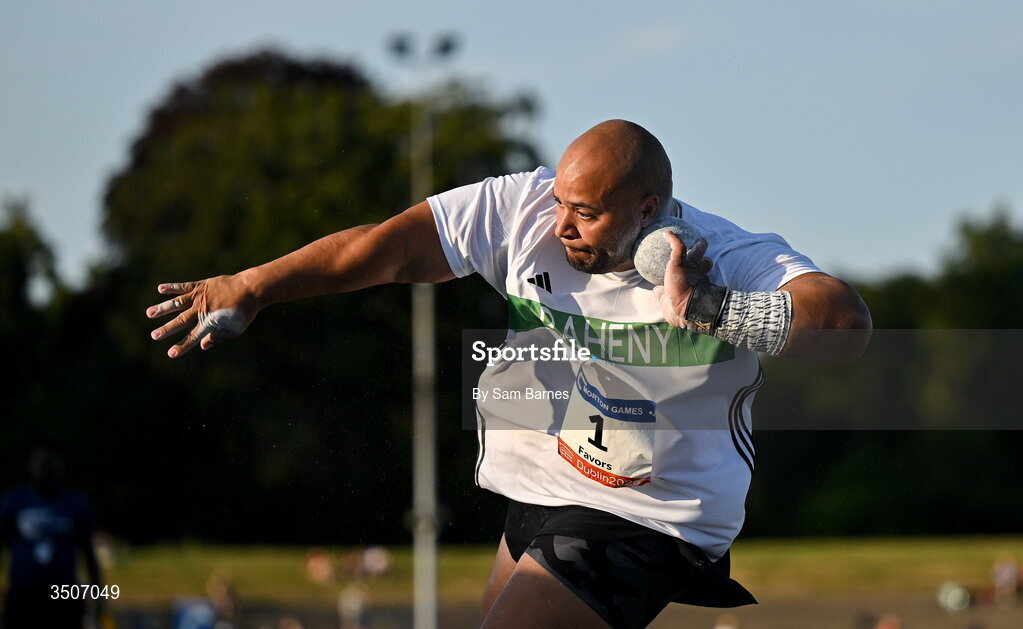 10 July 2026; Eric Favors of Ireland competes in the Whiteford Geo Services men's shot put during the Morton Games at Morton Stadium in Santry, Dublin. Photo by Sam Barnes/Sportsfile