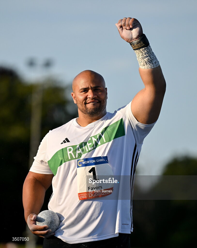 10 July 2026; Eric Favors of Ireland competes in the Whiteford Geo Services men's shot put during the Morton Games at Morton Stadium in Santry, Dublin. Photo by Sam Barnes/Sportsfile