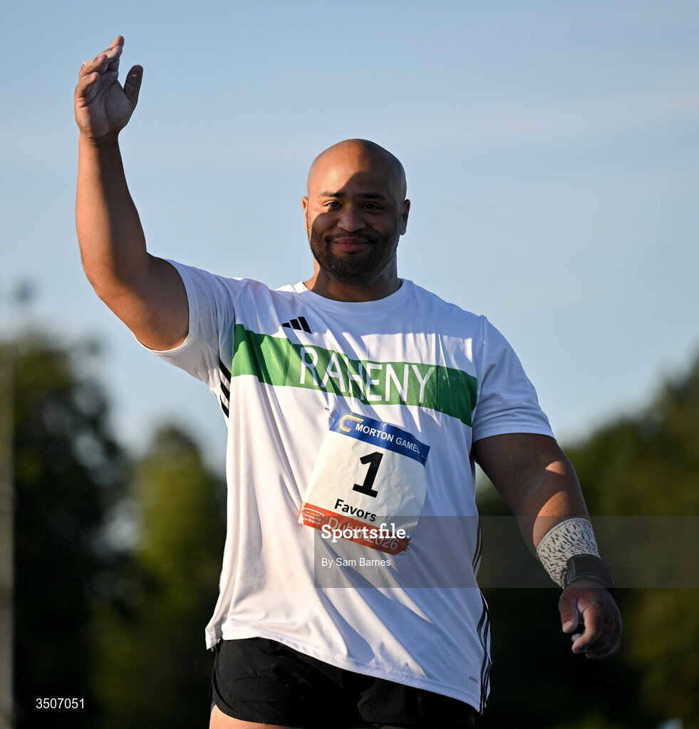 10 July 2026; Eric Favors of Ireland competes in the Whiteford Geo Services men's shot put during the Morton Games at Morton Stadium in Santry, Dublin. Photo by Sam Barnes/Sportsfile