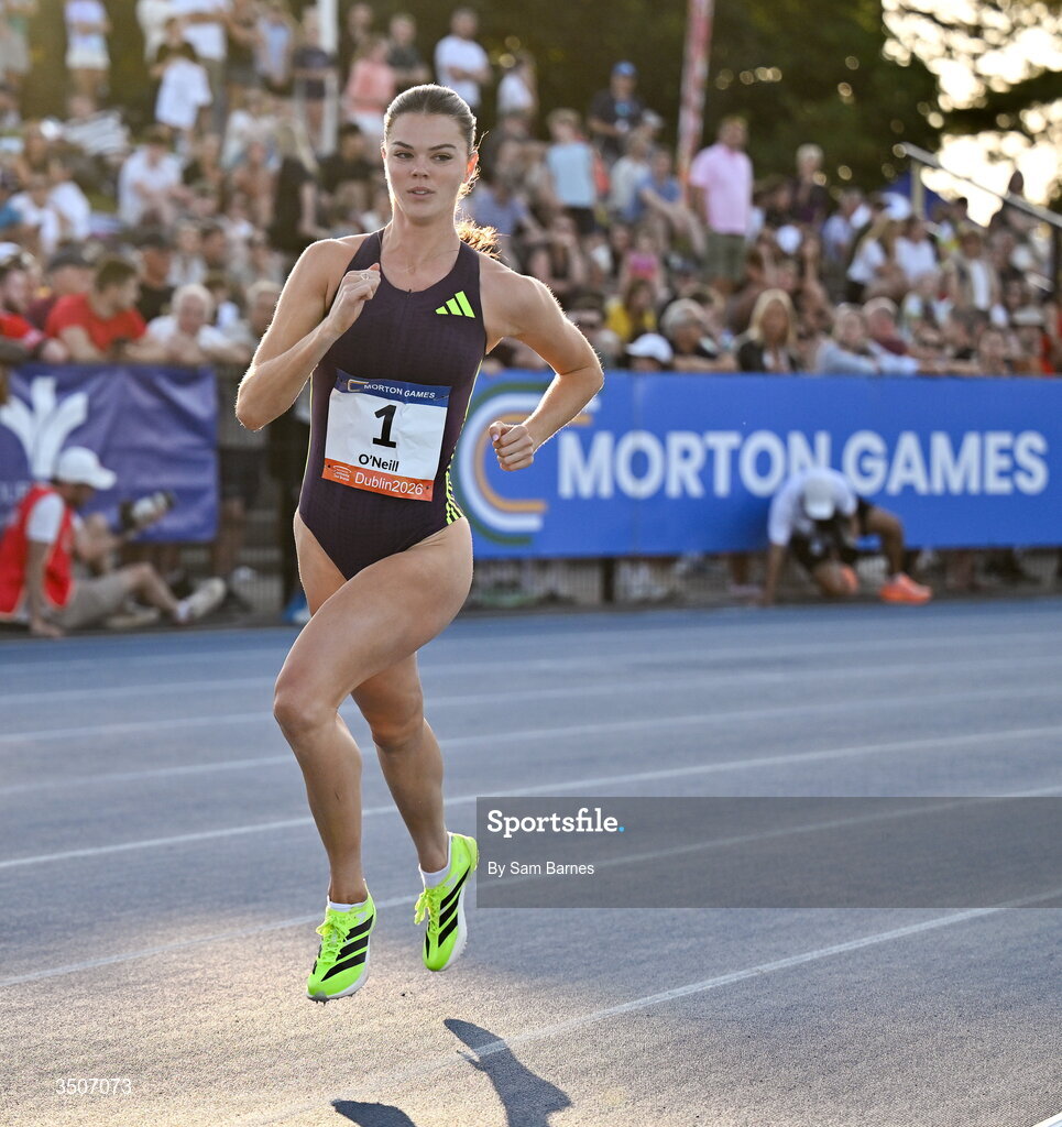 10 July 2026; Alex O'Neill of Ireland competes in the Irish Life Health Dublin Marathon women's 800m during the Morton Games at Morton Stadium in Santry, Dublin. Photo by Sam Barnes/Sportsfile