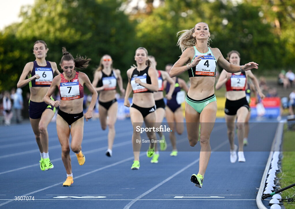 10 July 2026; Nina Vukovic of Croatia crosses the finish line to win the Irish Life Health Dublin Marathon women's 800m during the Morton Games at Morton Stadium in Santry, Dublin. Photo by Sam Barnes/Sportsfile