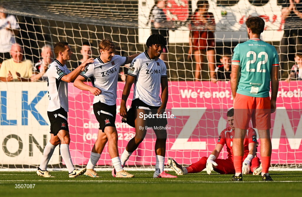 10 July 2026; Gbemi Arubi of Dundalk, right, celebrates with teammate Tyreke Wilson, left, and Ronan Teahan, after scoring his side's first goal during the SSE Airtricity Men’s Premier Division match between Dundalk and Drogheda United at Oriel Park in Dundalk, Louth. Photo by Ben McShane/Sportsfile