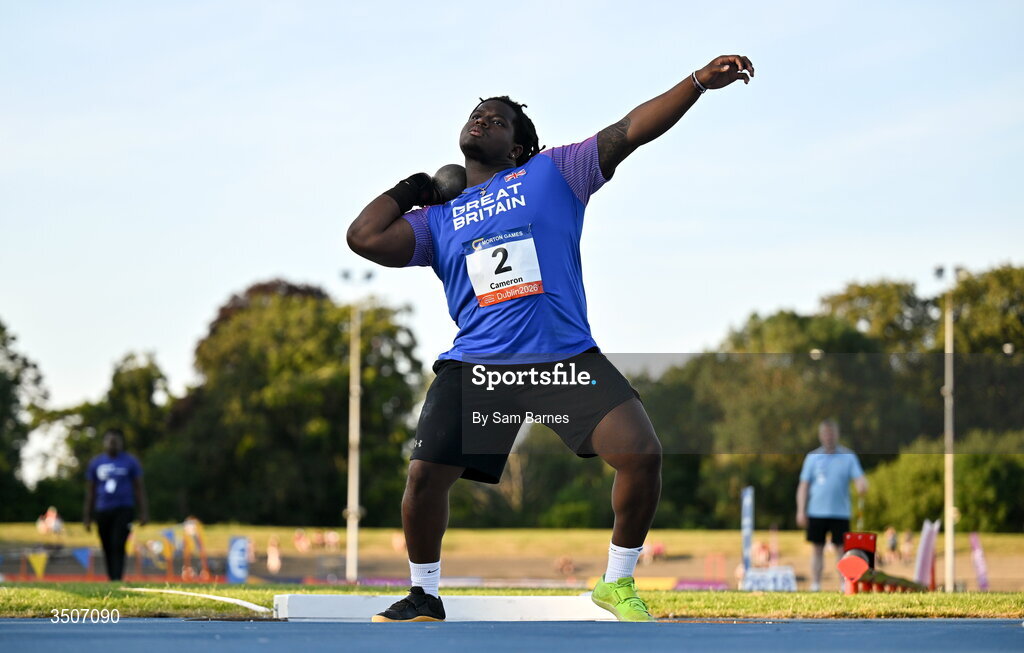 10 July 2026; Piers Cameron of Great Britain competes in the Whiteford Geo Services men's shot put during the Morton Games at Morton Stadium in Santry, Dublin. Photo by Sam Barnes/Sportsfile