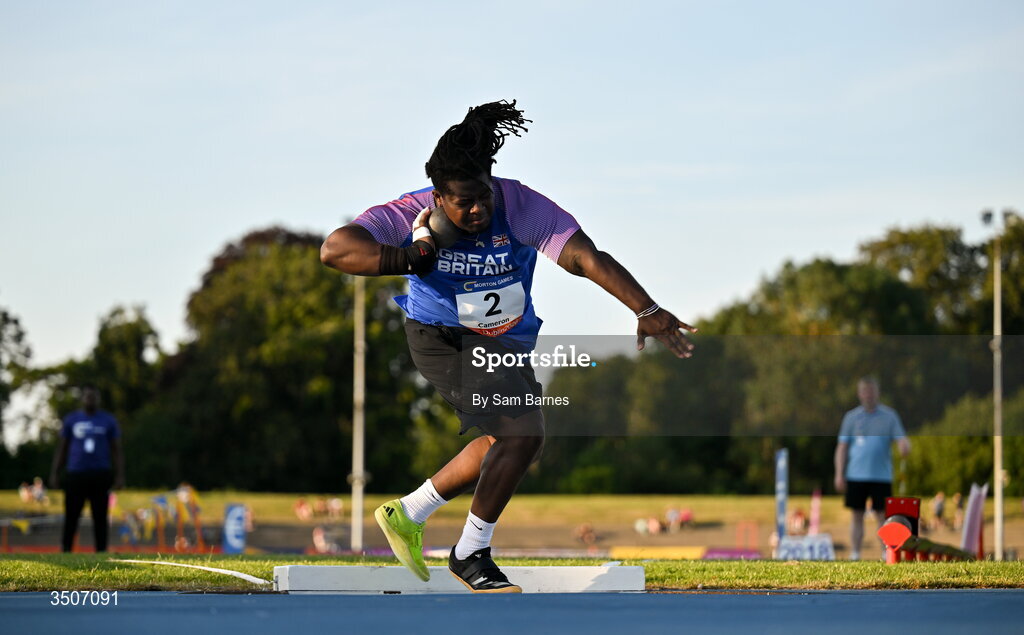 10 July 2026; Piers Cameron of Great Britain competes in the Whiteford Geo Services men's shot put during the Morton Games at Morton Stadium in Santry, Dublin. Photo by Sam Barnes/Sportsfile