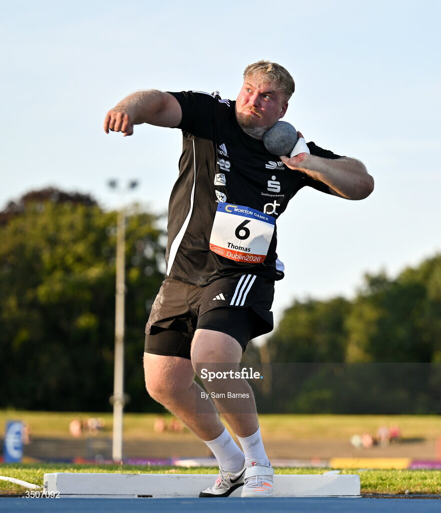 10 July 2026; Philipp Thomas of Germany competes in the Whiteford Geo Services men's shot put during the Morton Games at Morton Stadium in Santry, Dublin. Photo by Sam Barnes/Sportsfile