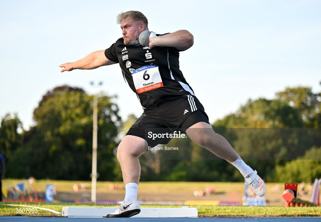 10 July 2026; Philipp Thomas of Germany competes in the Whiteford Geo Services men's shot put during the Morton Games at Morton Stadium in Santry, Dublin. Photo by Sam Barnes/Sportsfile