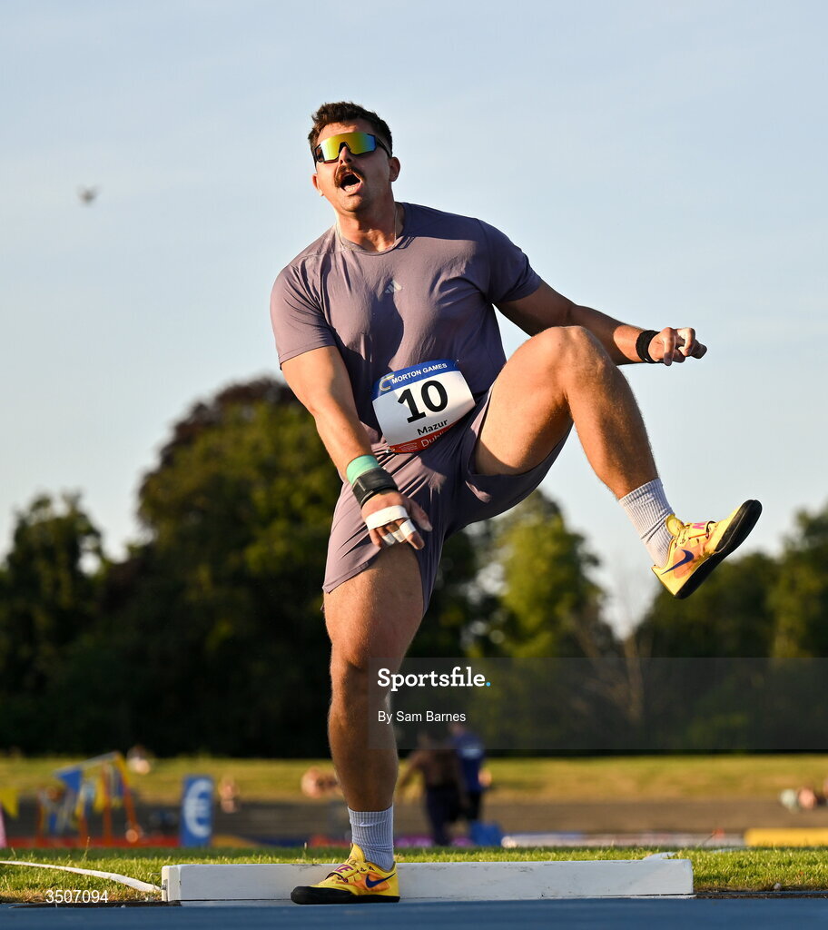 10 July 2026; Szymon Mazur of Poland competes in the Whiteford Geo Services men's shot put during the Morton Games at Morton Stadium in Santry, Dublin. Photo by Sam Barnes/Sportsfile
