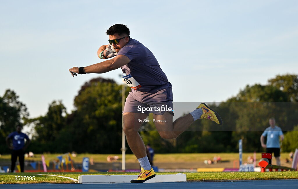 10 July 2026; Szymon Mazur of Poland competes in the Whiteford Geo Services men's shot put during the Morton Games at Morton Stadium in Santry, Dublin. Photo by Sam Barnes/Sportsfile