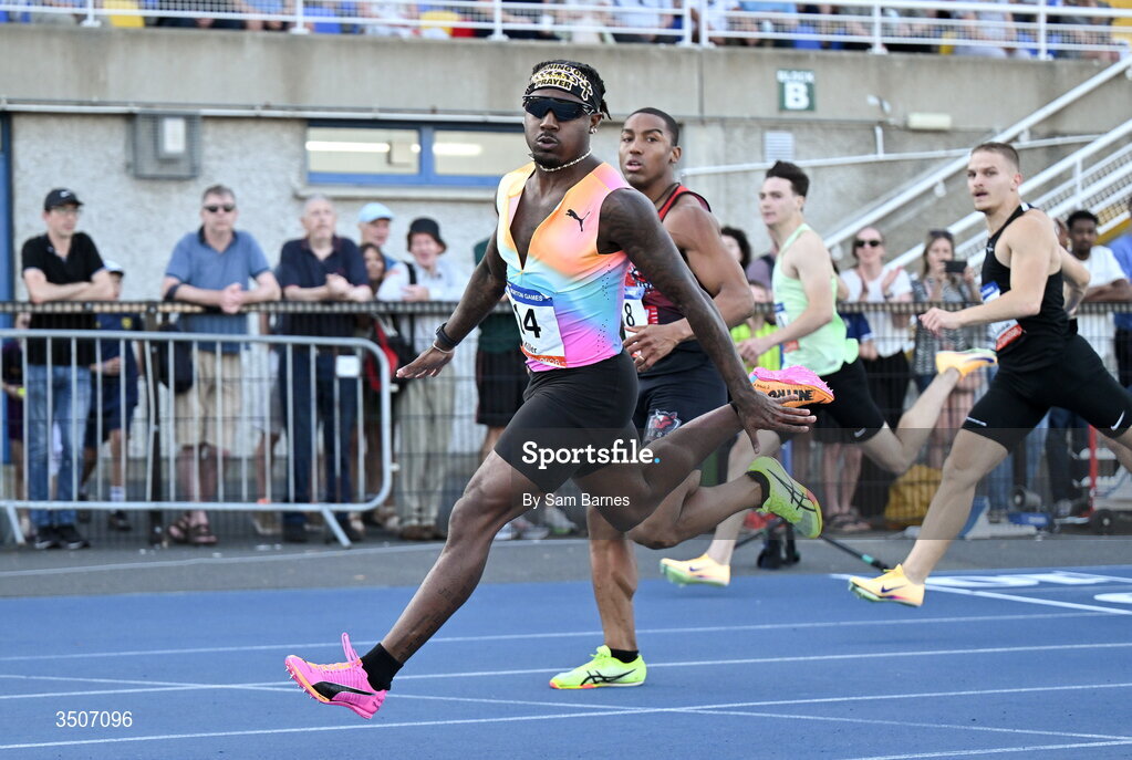 10 July 2026; Christian Miller of United States crosses the finish line to win the Athletics Leinster men's 100m final during the Morton Games at Morton Stadium in Santry, Dublin. Photo by Sam Barnes/Sportsfile