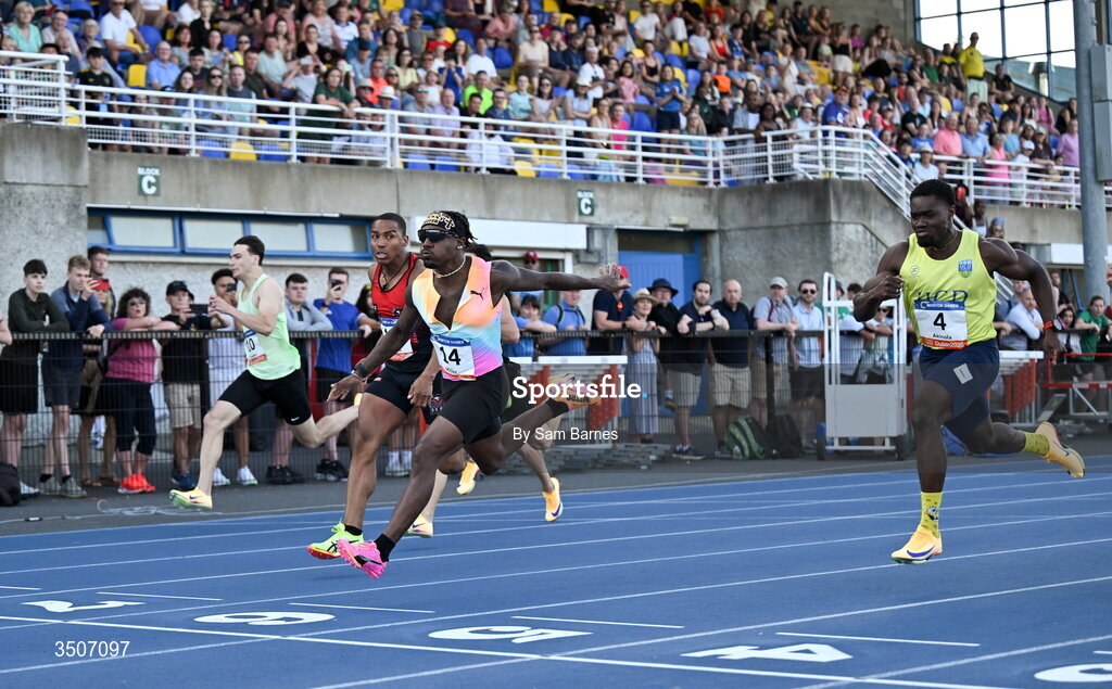 10 July 2026; Christian Miller of United States crosses the finish line to win the Athletics Leinster men's 100m final during the Morton Games at Morton Stadium in Santry, Dublin. Photo by Sam Barnes/Sportsfile